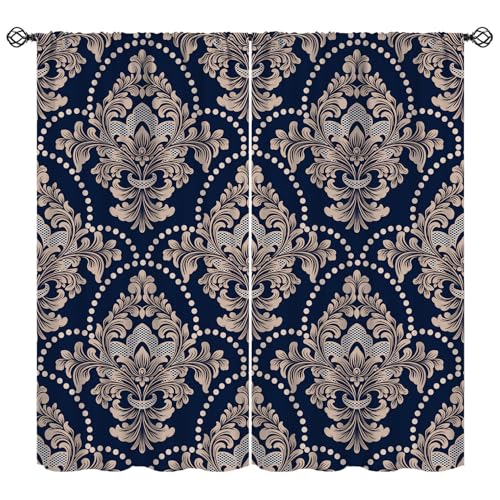 KANEPE Retro Damask Curtains, Gothic Navy Vintage Antique Baroque Classic Pattern Window Treatments...