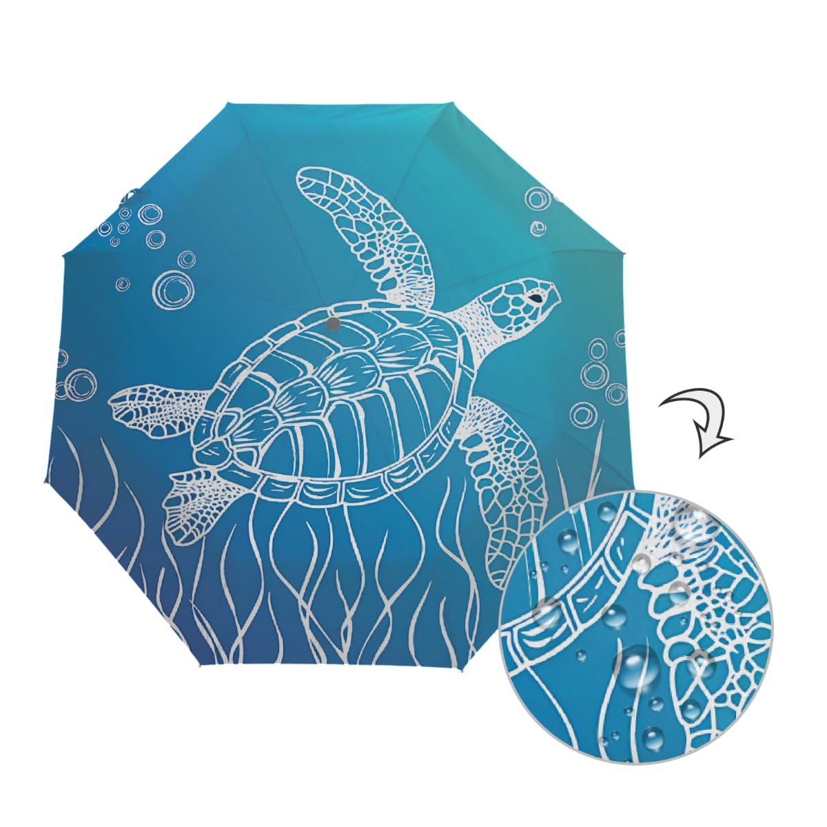 Line Art - Ombrello pieghevole a forma di tartaruga marina, compatto, antivento, impermeabile, con protezione UV, rivestimento nero, leggero, 8 costine, portatile, per pioggia e sole