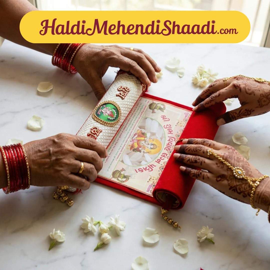 HALDI MEHENDI SHAADI Velvet Wedding Invitation Scroll Box with Gold Brass Frame, Ganesh Design, 29cm, Traditional Marriage Patrika with Tassel (White Gujarati) 2