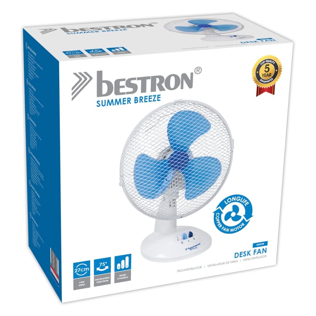 Bestron Przenośny wentylator stołowy Ø 27 cm, mały wentylator, 2 stopnie prędkości i funkcja oscylacji 75°, wysokość: 29 cm, 30 W, DDF27W, kolor: biały