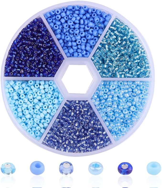 1 Box Small Round Glass Seed Beads, 2mm Mixed Colors Glass Seed Beads for Crafting, Beading, Keychain Making, About 3900Pcs, Blue Tone