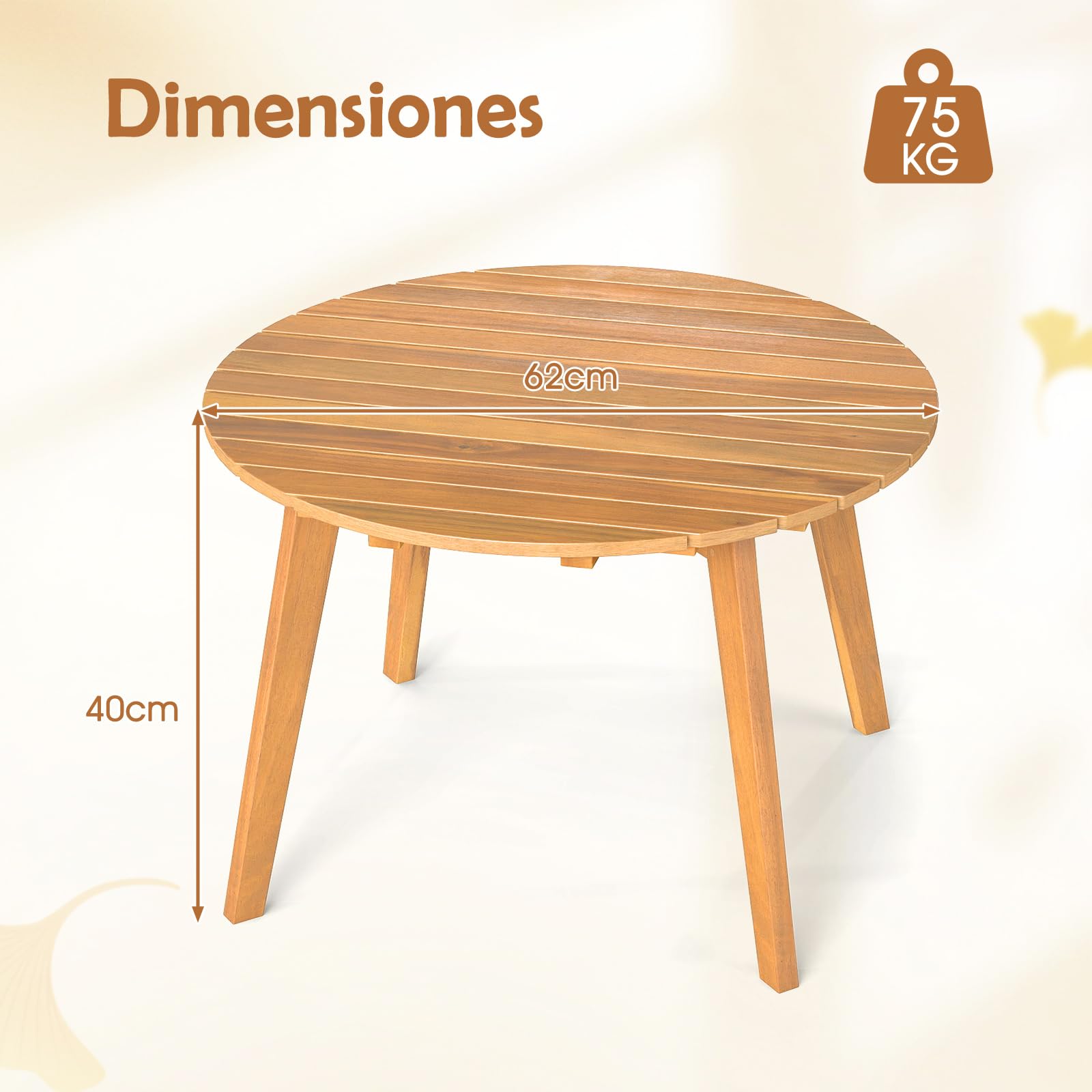 COSTWAY Mesa Auxiliar Redonda de Madera Acacia, 62x 40 cm, Tablero de Listones, Mesita Mesa Baja Jardin Balcon Terraza Exterior Interior Piscina Patio, Natural