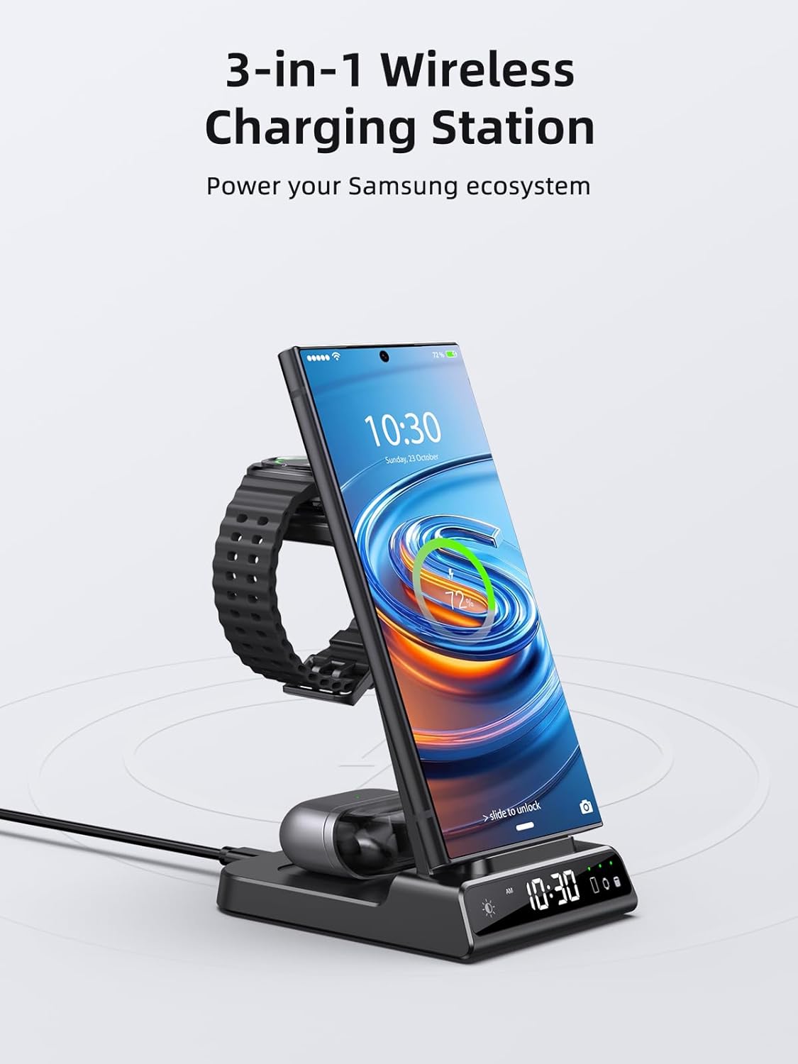 Wireless Charger Samsung Charging Station: 3 in 1 Android Charging Stand with Dimmable Clock - Nightstand Organizer for Galaxy S25 Ultra S24, Galaxy Watch 8 7 6 5 4, Galaxy Buds, Space-Saving Charger - Image 2