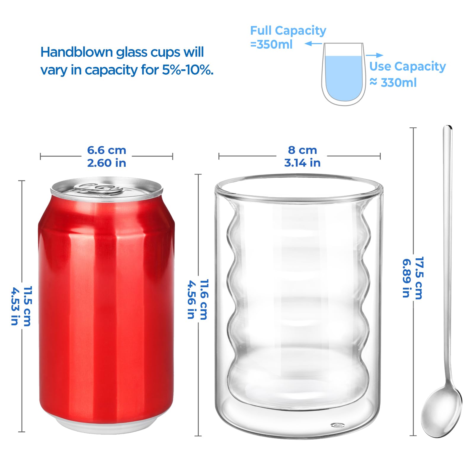 ecooe Szklanki do kawy o podwójnych ściankach 350 ml, szklanki do latte macchiato, zestaw 6 sztuk, szkło borokrzemowe, filiżanki do kawy, szklanki do herbaty z łyżeczką do cappuccino, herbaty, lodów,