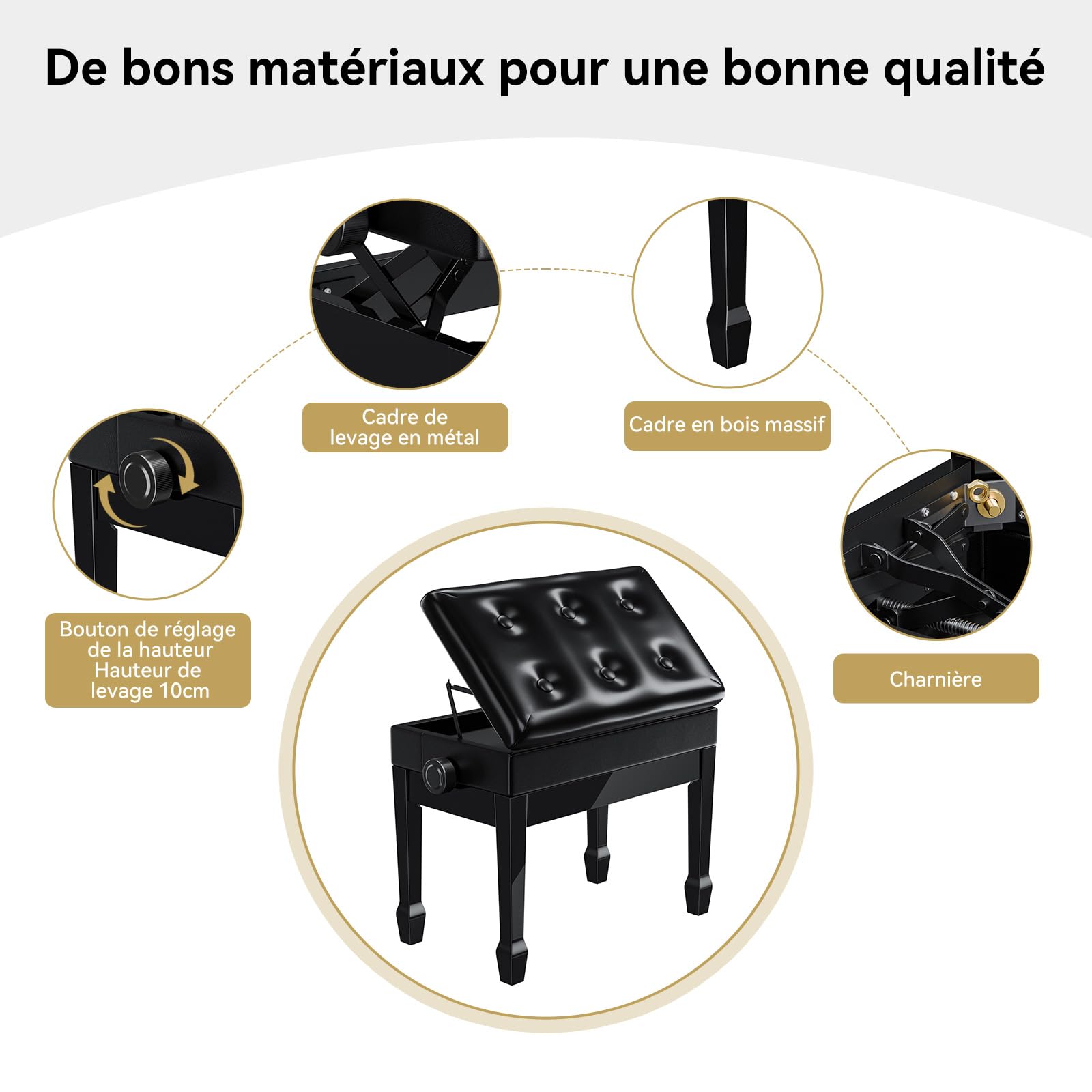 Rhymo Tabouret Piano avec Hauteur réglable et Rangement intégré, Banc de Piano avec Mousse à mémoire de Forme, revêtement en Bois de chêne et Cuir PU, capacité de Charge 420 IB