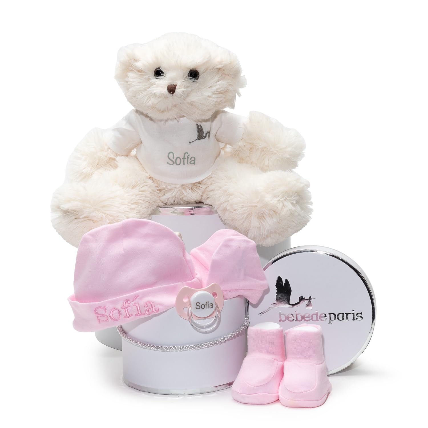 BebeDeParis | Cesta de Regalo para Bebé con Oso de Peluche Rosa | Set de Gorro + Manoplas y Patucos Personalizados + Chupete con Nombre de Bebé | Hecho a Mano en España (Rosa)