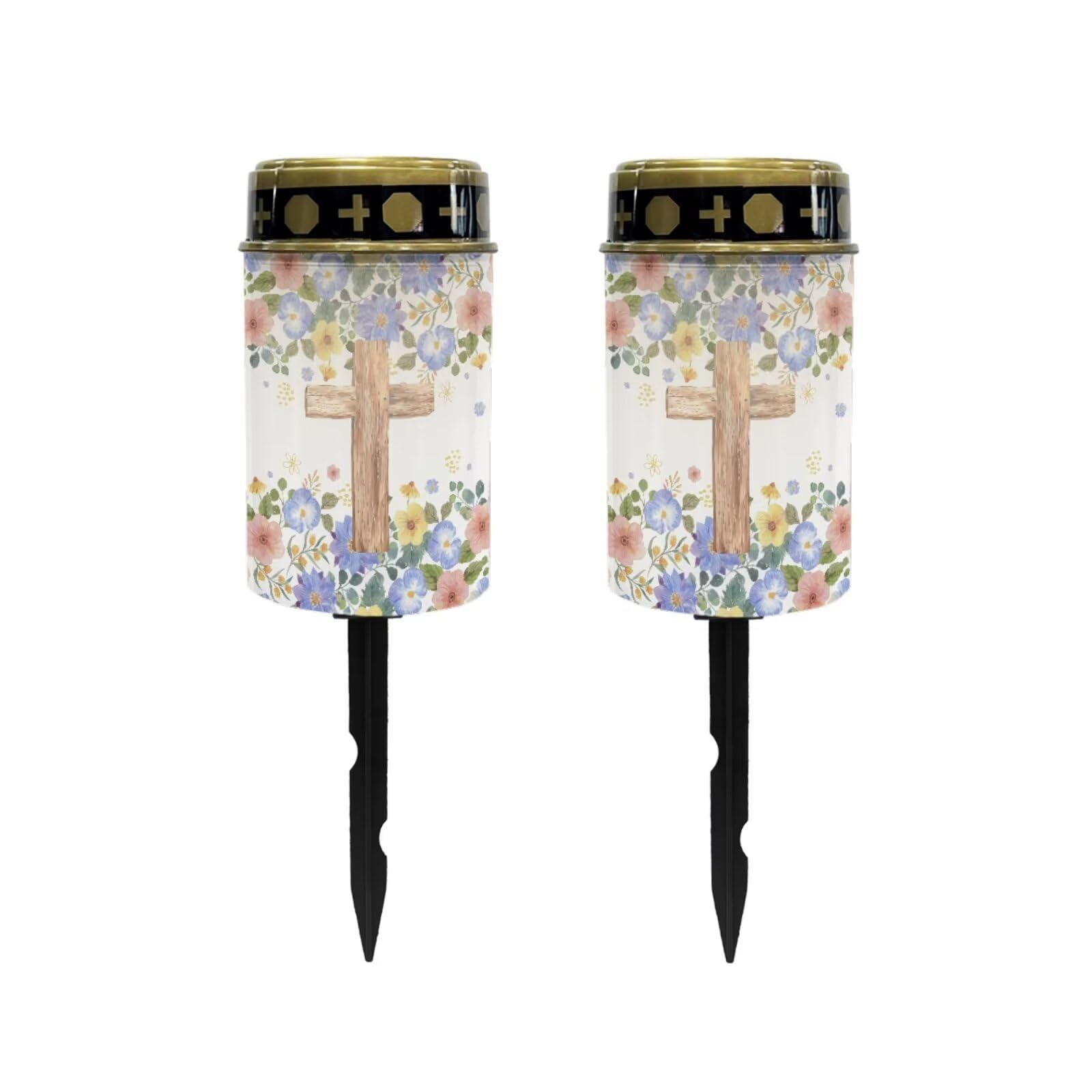Poceacles Cross Outdoor Solar Lights Solar Garden Lights Cemetery Solar Lights Water Resistant Pillar Candle Solar Garden Stake Lights for Cemetery Grave Decorations, Flower Leaf Cross, Pack of 2