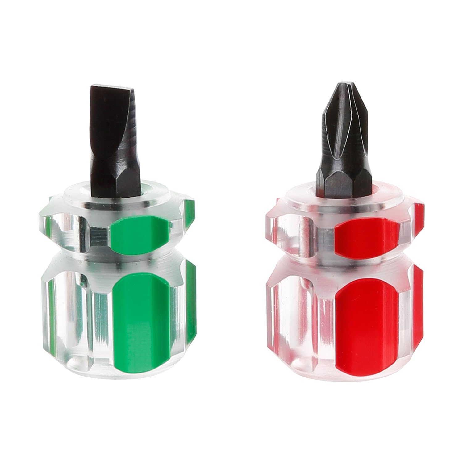 Tabanzhe Red, Green, Transparent 2 Pcs Mini Stubby Screwdriver Set, Short Flat Head & Phillips Screwdrivers For Tight Spaces, Sewing Machine & Electronics Repair