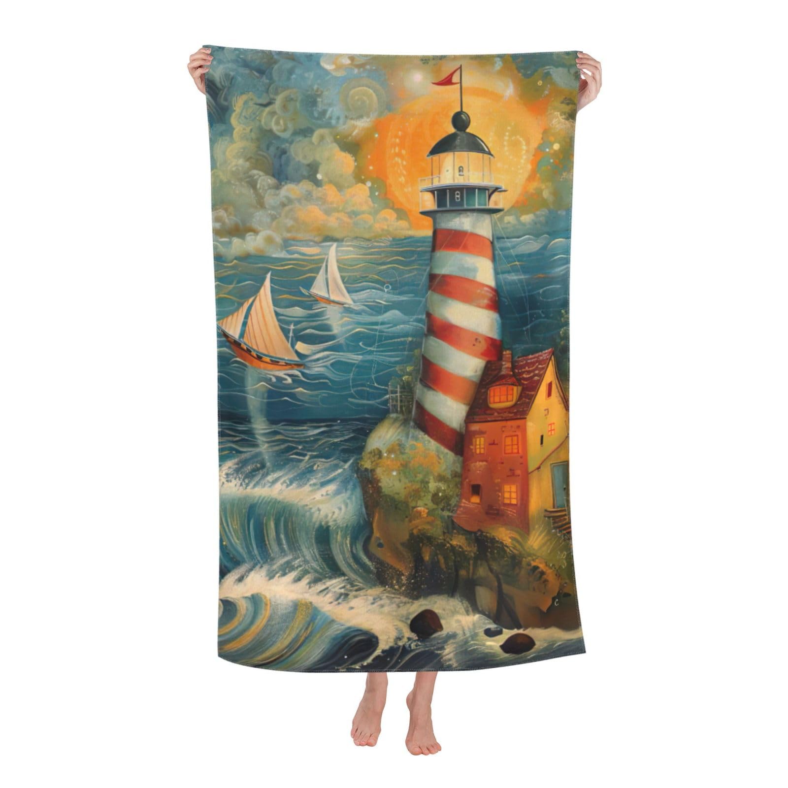 Anceky Oversized The Seaside Lighthouse Print Beach Towel Soft Quick Dry for Beach Pool Shower Travel Sports