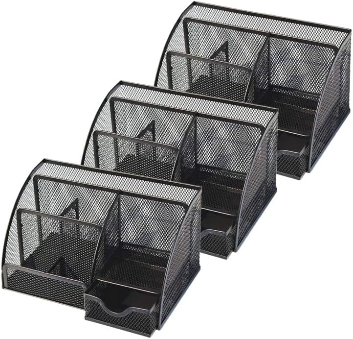 Organizador de escritorio de malla metálica con 7 compartimentos, color negro (paquete de 3)