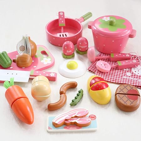 Amazon マザーガーデン ままごと 木製 キッチンツール 食材 おもちゃ 調理器具10点 粒々いちご柄 ままごと食材 10点セット 女の子 3才 キッチンごっこ 調理器具 食器 おもちゃ