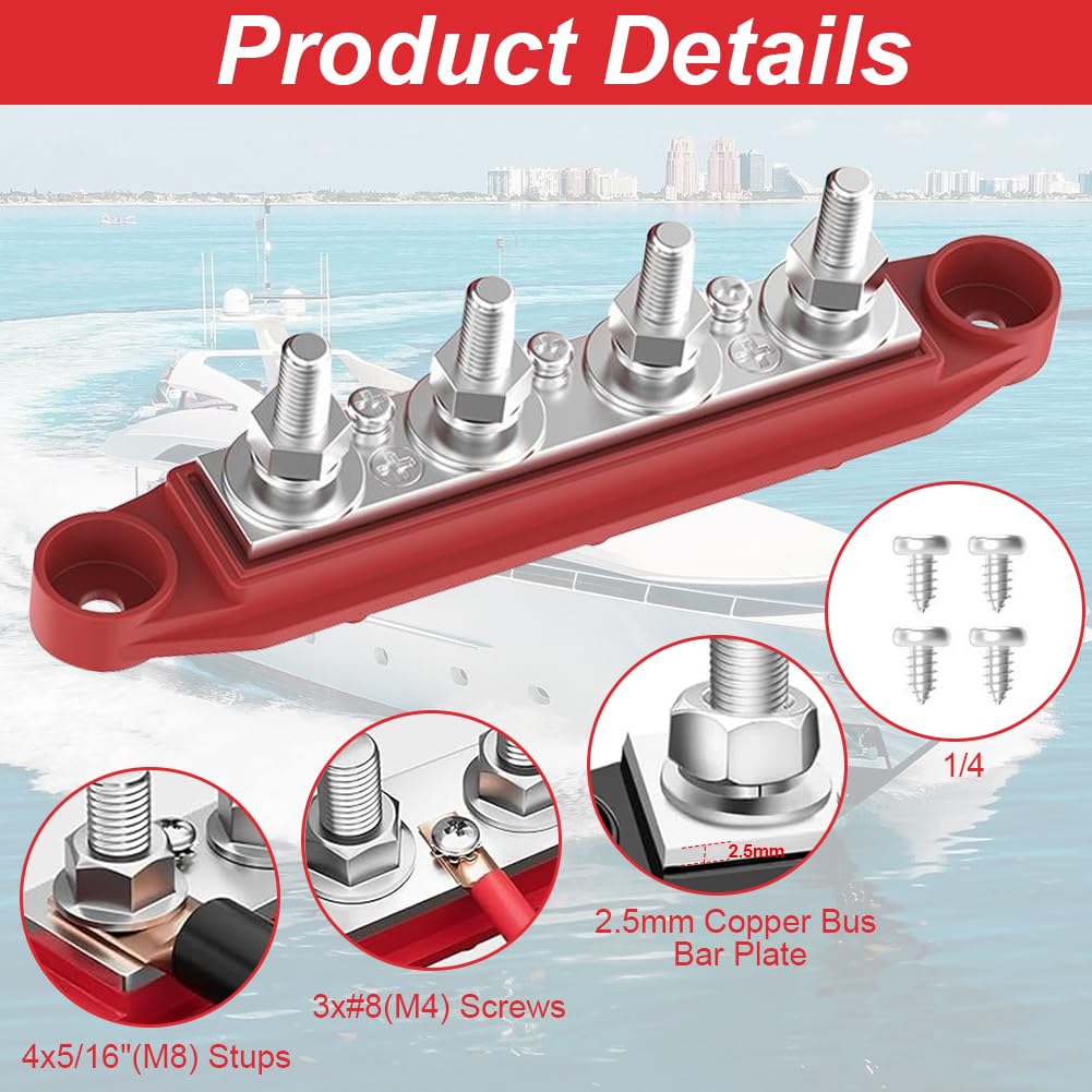 2 Stück 12V-48V DC Sammelschienen Verteilerblock mit 4 x M8 Klemmenbolzen, 250A BusBar Box für Auto Marine Auto Anhänger Wohnmobil Boot (Schwarz Rot)