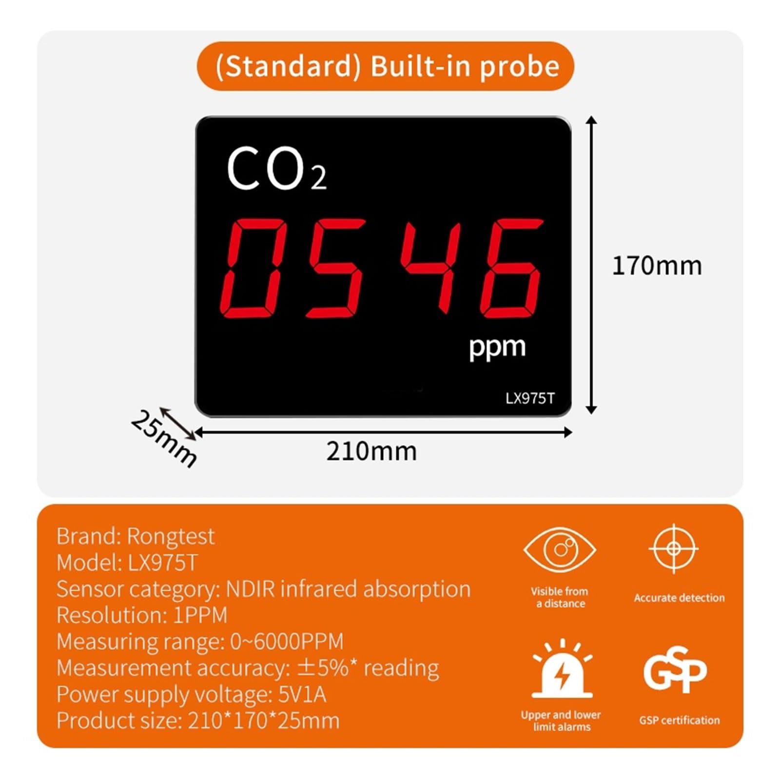 Czujnik detektora dwutlenku węgla CO2 Monitor CO2 z alarmem Miernik ści powietrza na podczerwień NDIR Tester czujnika do szklarni domowych Do pracy i domu