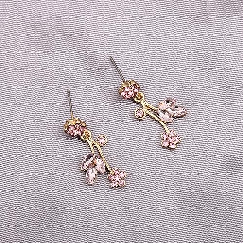 QLLYHLH Brides Bridesmaid Flower Leaf Choker Necklace Dangle Earrings Link Bracelet Austrian Crystal Wedding Jewelry Set for Prom Costume Party Accessories for Woman(Pink-Gold Plated)4