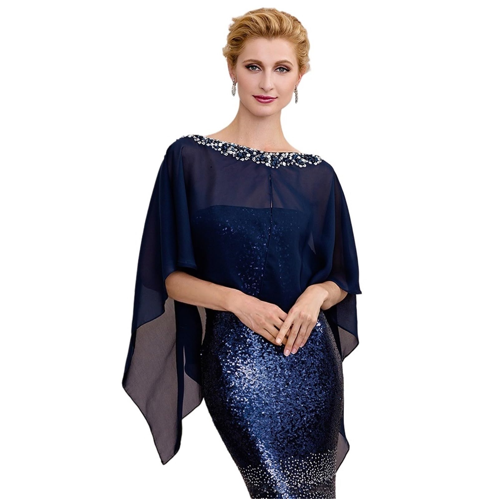 HEUchuan Wedding Dress Shawl Elegant Lady Chiffon Shawl Bridal Wedding Women Beading Wrap Party Evening Capes With Sequins(Color3)