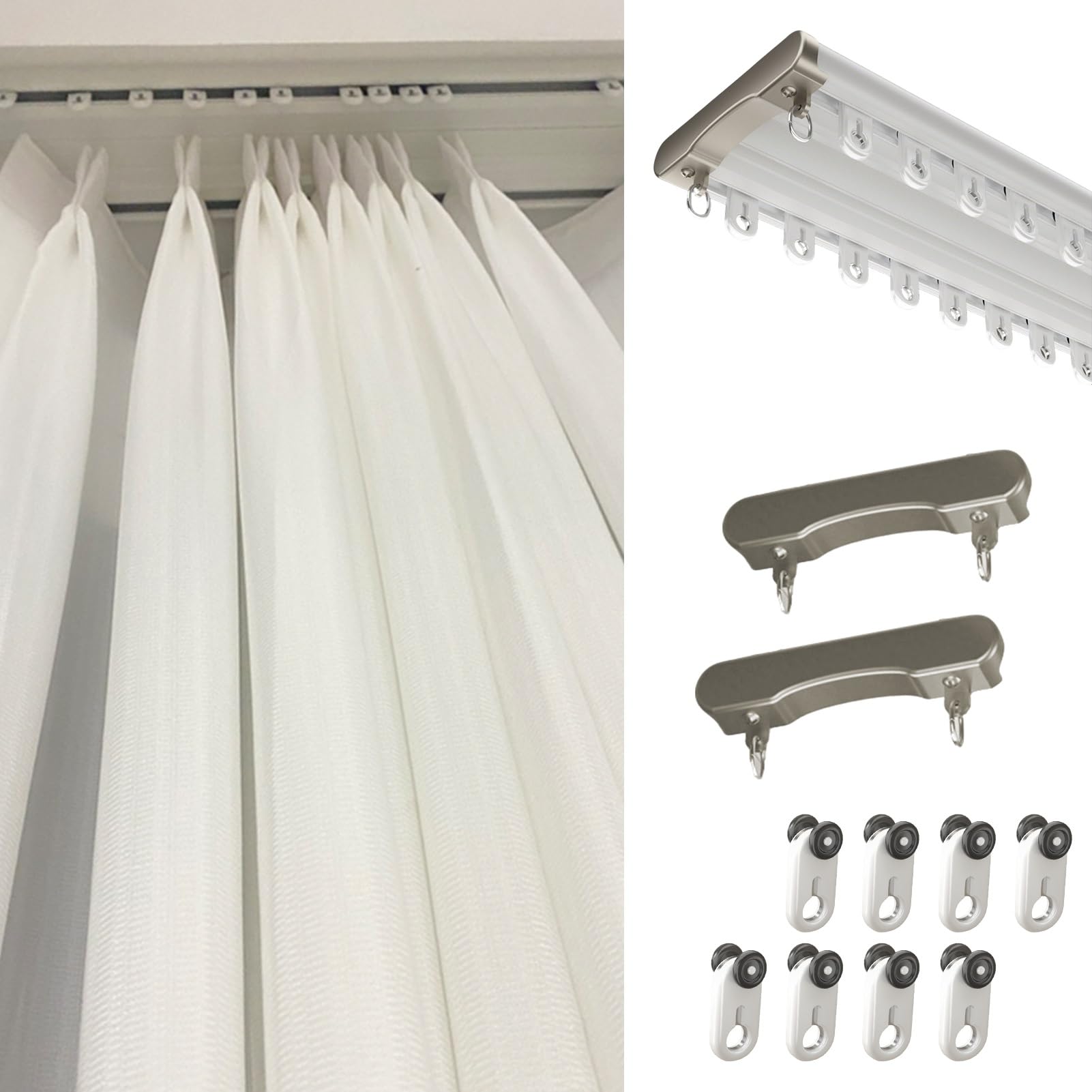 Szyna Sufitowa do ZasłOn Podwójna Elegancka Szyna Sufitowa Do Zasłon, Bardzo Długa Szyna do Zasłon Z Zestawem Haczyków Rolkowych, Aluminiowe Szyny Przesuwne Zasłon(White,200cm/6.6ft)