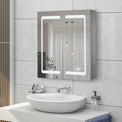 Miniatura 1 de Janboe Armario con espejo LED iluminado de 24 x 28 pulgadas para baño, de acero inoxidable, montado en la pared, con interruptores táctiles dobles