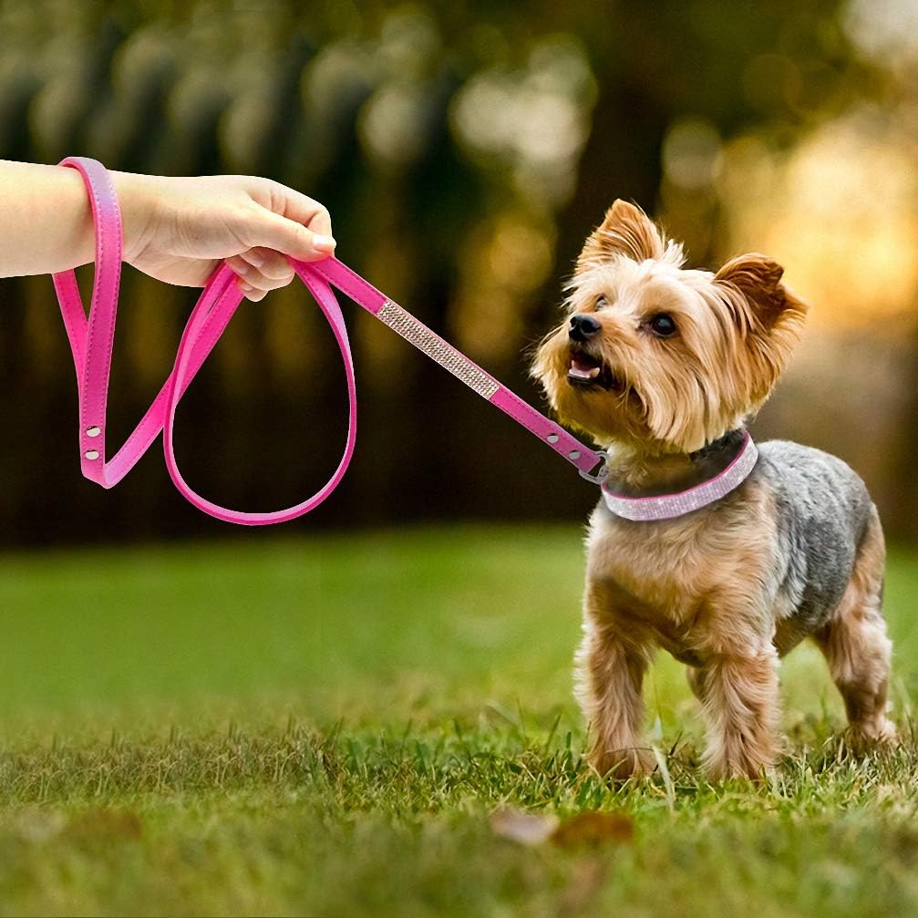 Adjustable Suede Leather Puppy Dog Collar Leash Set Soft Rhinestone Small Medium Dogs Cats Collars Walking Leashes Pink XS S M Rose M