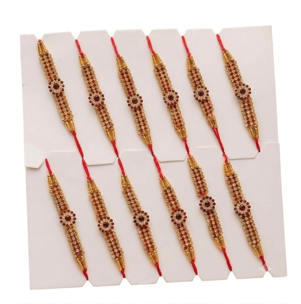 Premium Handcrafted Gold and Red Stone Rakhi Set of 12 for Brother | Designer Broad Bracelet Bead Thread Pack for Raksha Bandhan | Traditional Bhaiya Sibling Rakhi Combo-image-6