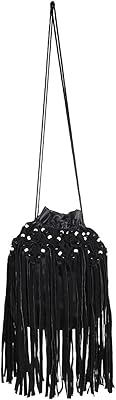 PAINT GENUINE LEATHER BEADED FRINGES BLACK POTLI BAG(PT2152PO115)