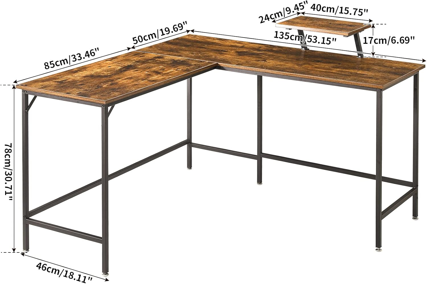 Diagram showing the dimensions and various parts of the IBUYKE L-Shaped Computer Desk.