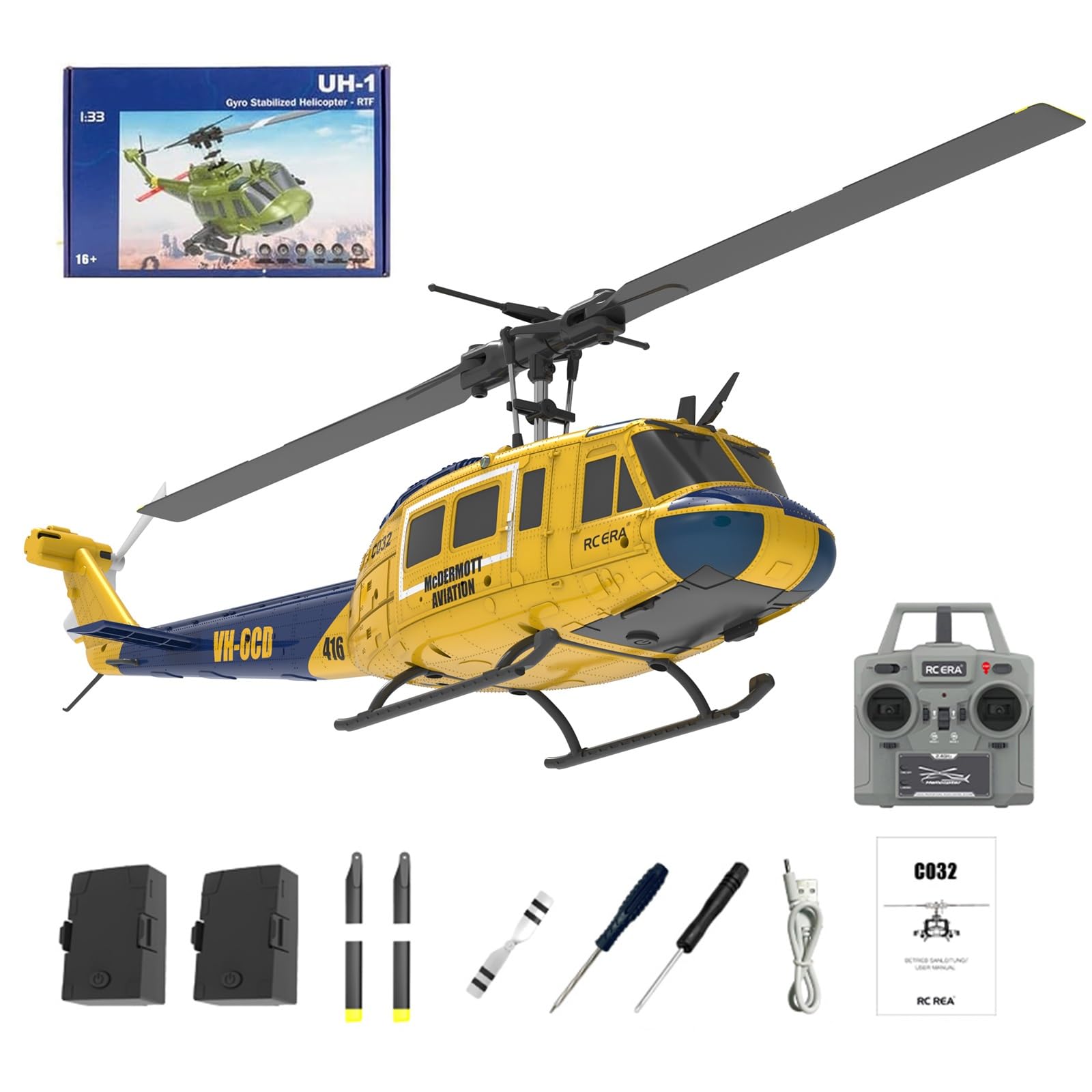 C032 RC Hubschrauber für Erwachsene, UH-1 Huey 6CH Military Scale Aileronless Aerobatic RC Helicopter with Fly Upside Down 3D Rolling & Intelligent Positioning System for Enthusiasts(Yellow)