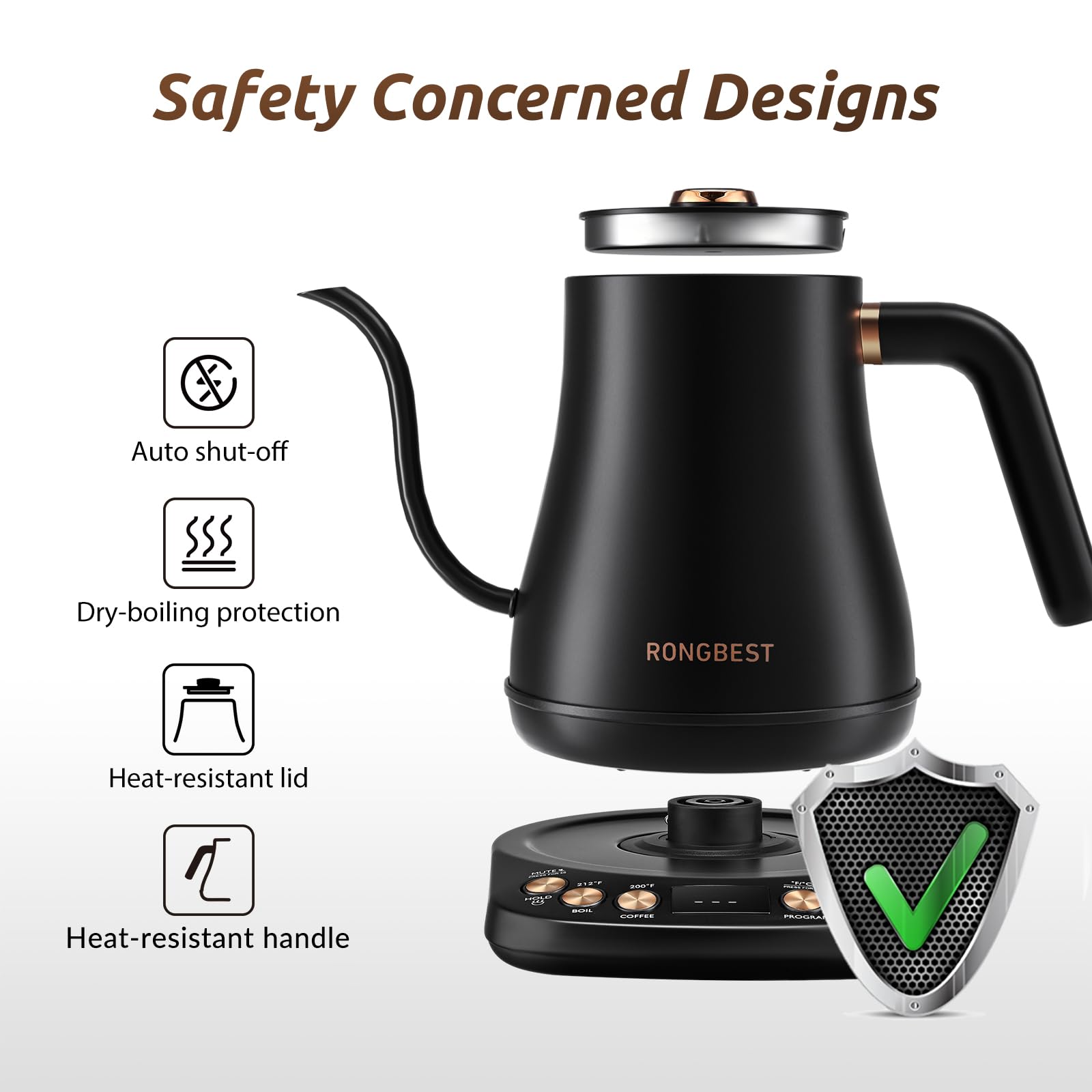 Hervidor eléctrico de cuello de cisne, 1200 W, 6 ajustes de temperatura, tapa interior e inferior de acero inoxidable, 1 litro de calentamiento rápido para café y té, negro mate 6