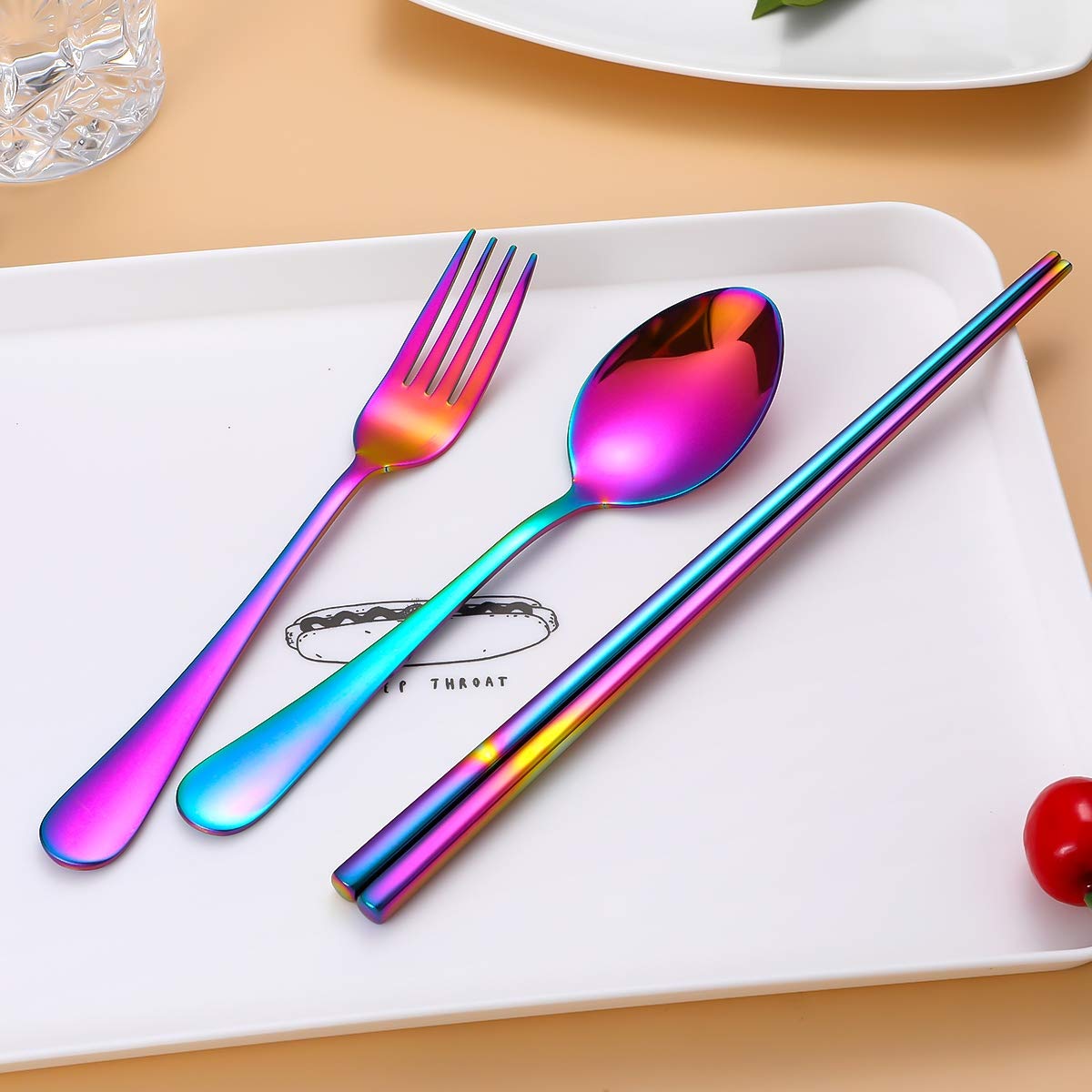 Utensilios de viaje, juego de cubiertos reutilizables para llevar, portátil con una funda de transporte impermeable para loncheras, lugar de trabajo, camping, escuela, picnic (caja de flores/arcoíris)