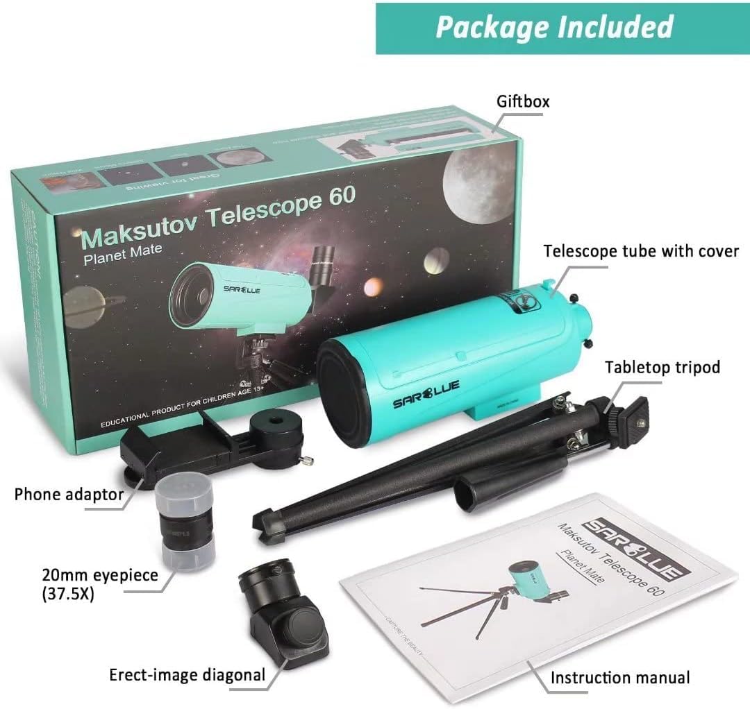Maksutov-Cassegrain Telescopio adulti e bambini principianti, composto catadiottrico Sarblue MAK60 750 x 60 mm, da viaggio compatto, portatile, con treppiede da tavolo e adattatore telefono