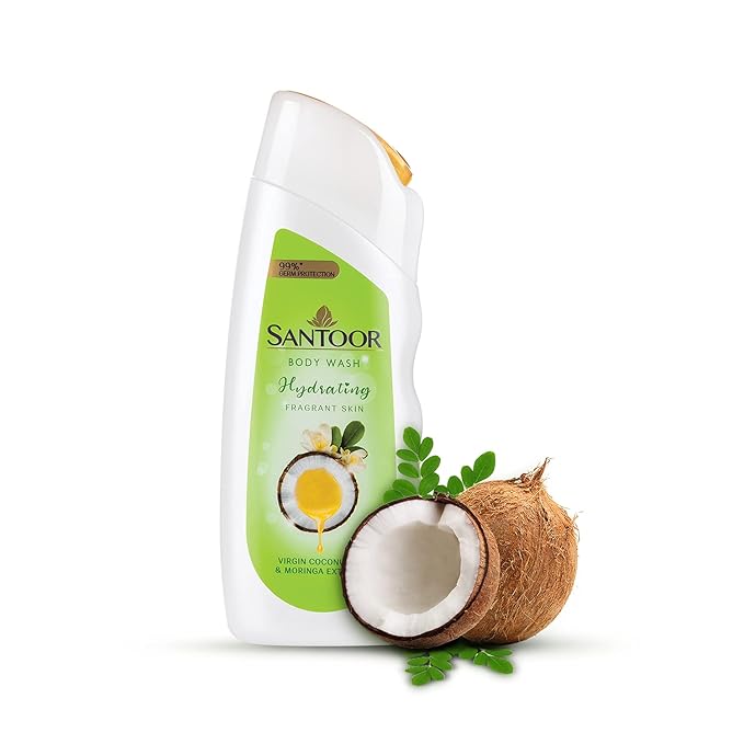 Santoor Hydrating Skin Body Wash, Enriched With Virgin Coconut Oil & Moringa Extracts, Soap-Free, Paraben-Free, pH Balanced Shower Gel, 230ml at Rs. 115