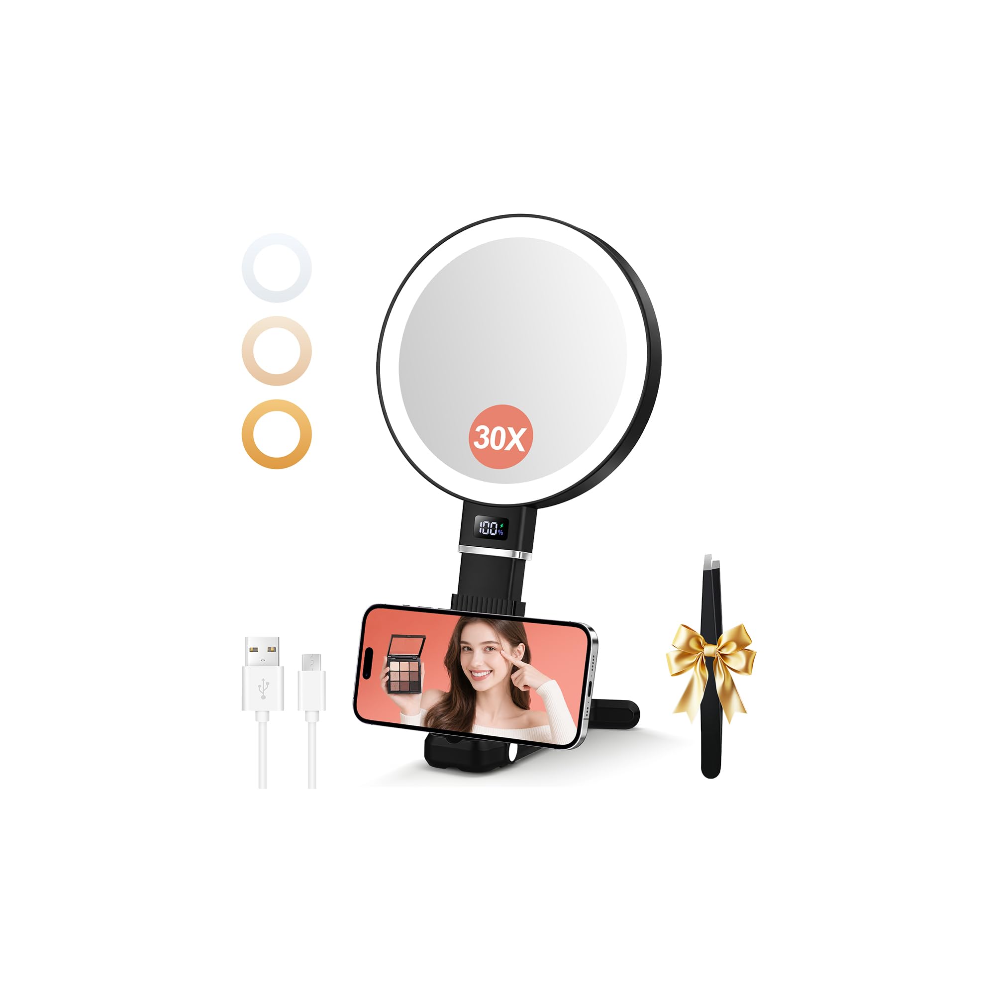 MOMOKUBA 30X Magnifying Mirror With Light, Rechargeable Travel Magnifyin Mirror with Battery Display, Height Adjustable Makeup Mirror, 3 Color LED Lights for Tweezing, Eyebrows, Facial Hair Black