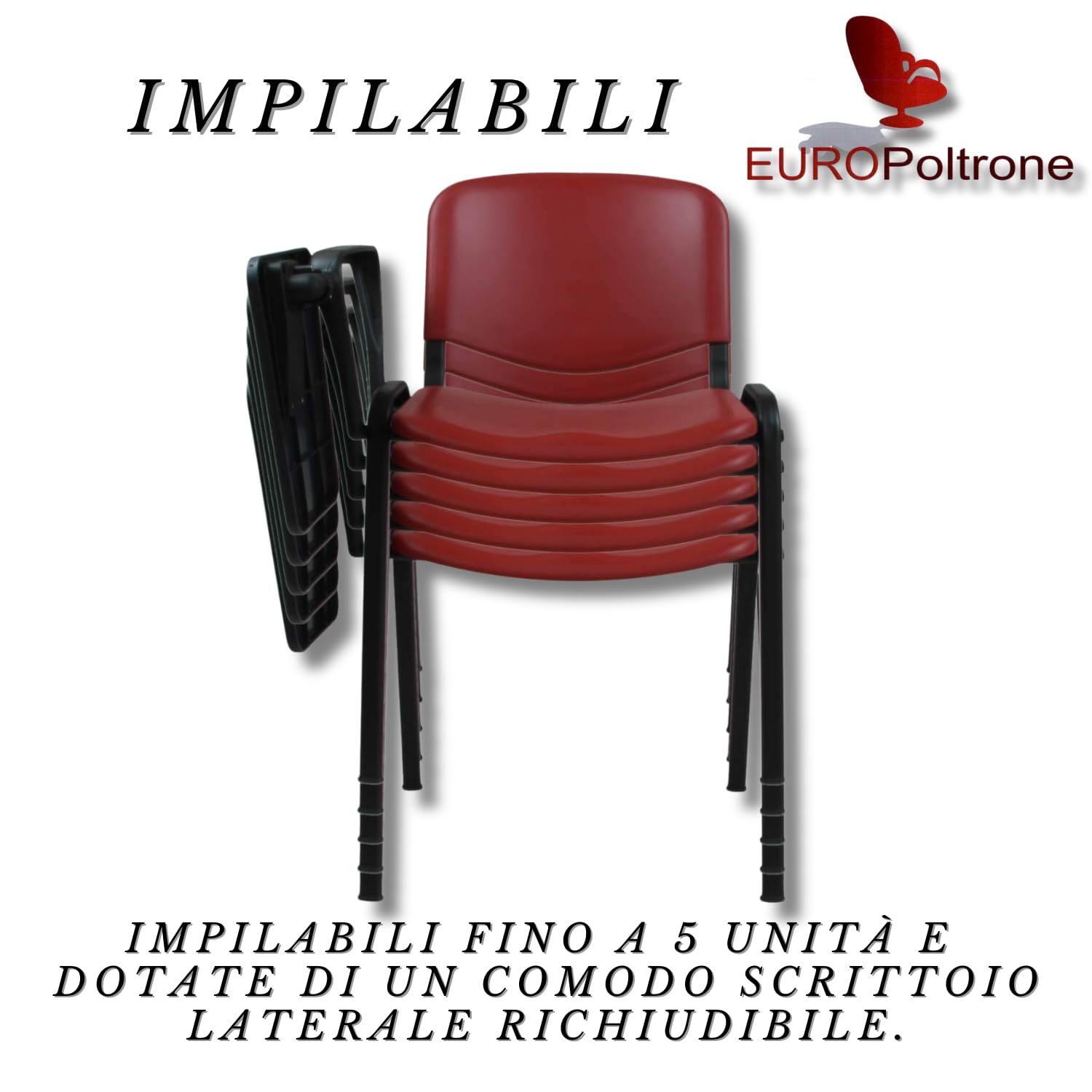 EUROPOLTRONE Kit 10 sedie Rosso ufficio con bracciolo tavoletta sala riunioni in polipropilene Telaio certificato CATAS (Rosso)