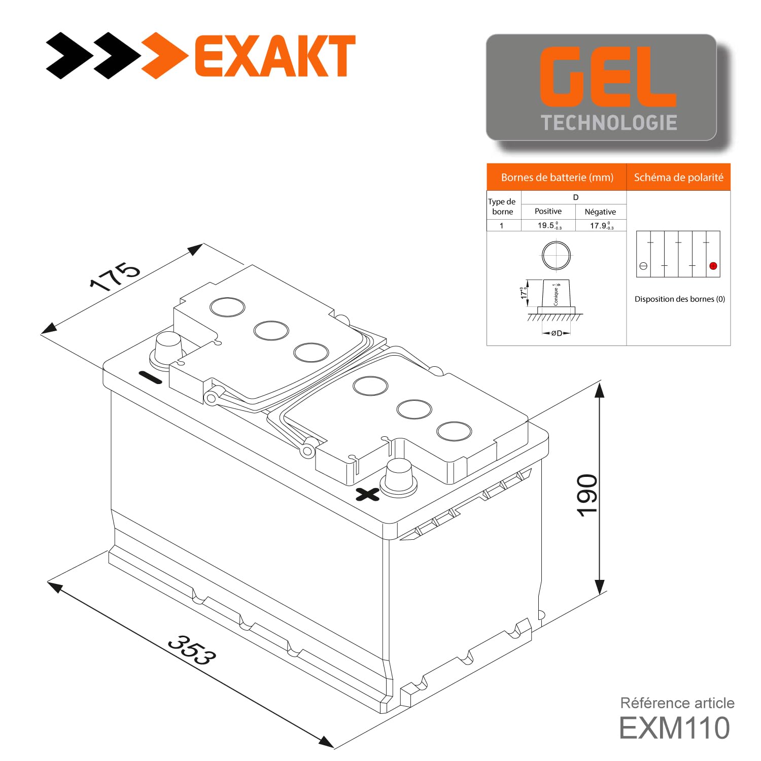EXAKT batterie GEL 12V 110Ah bateau solaire camping car décharge lente