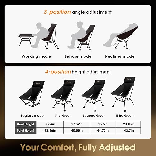 Miniatura 8 de MOON LENCE Silla de campamento de gran tamaño para adultos, silla de campamento plegable de respaldo alto ajustable con capacidad de 400 libras,