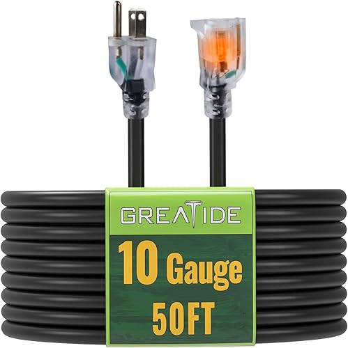 Miniatura 21 de Cable de extensión iluminado para exteriores de 50 pies - Cable de extensión amarillo resistente SJTW 10/3 con enchufe de conexión a tierra de 3
