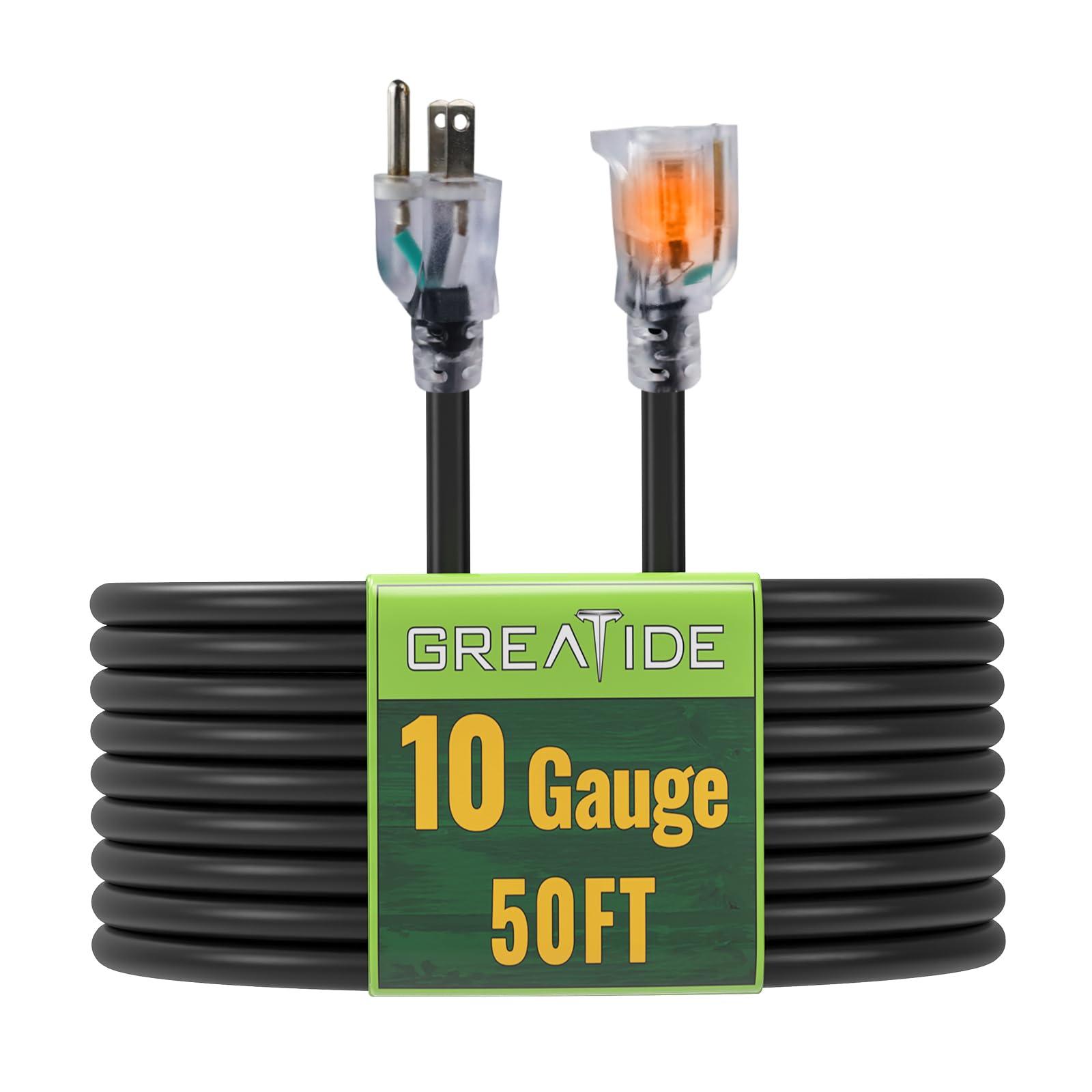 GREATIDE 50 Ft Lighted Outdoor Extension Cord - 10/3 SJTW Heavy Duty Black Extension Cable with 3 Prong Grounded Plug for Safety, UL Listed