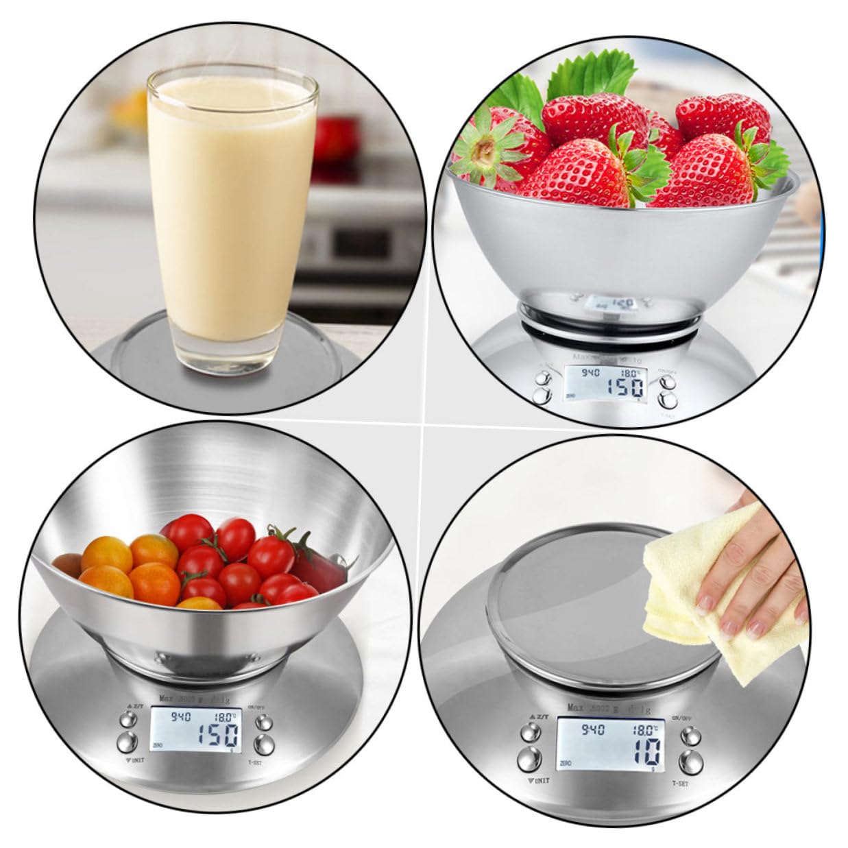 Electronic Kitchen Scale Stainless Steel High Precision Digital Food Scale with Clock and Detachable Bowl for Home Cooking and Baking Measurement Random Color