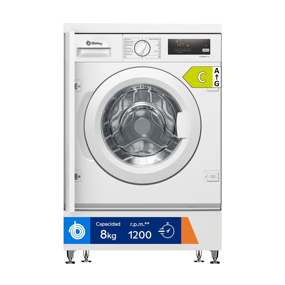 Balay - Lavadora Integrable, 60 cm de ancho, Motor ExtraSilencio, AquaControl Plus, Blanco, 3TI983B Etiqueta Energética