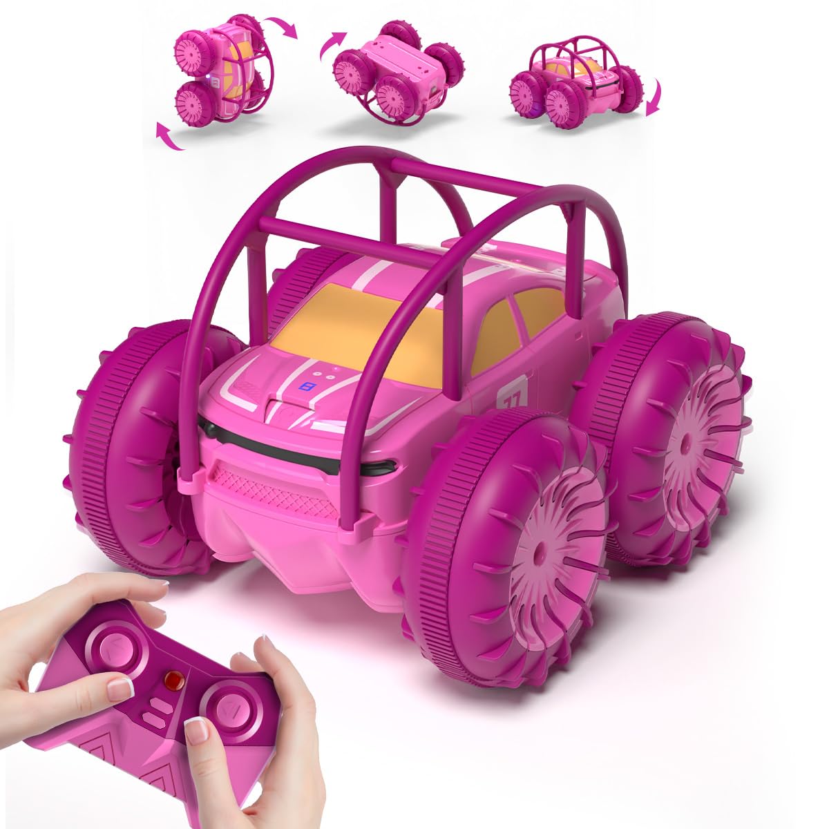 MaxTronic Direct Charging Remote Control Car for Girls Amphibious RC Cars Toy 2.4G 360° Flips Rotation 15KM/H 4WD All Terrain Stunt Car with Ajustable LED for Kids 3-12 Years Old,Pink
