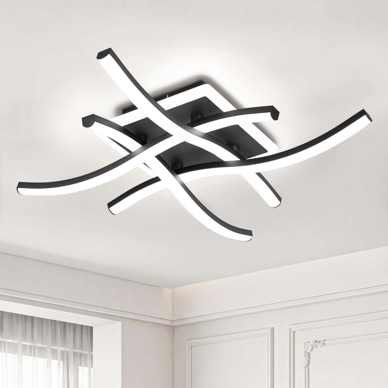 MELAYR LED Ceiling Lights, 29W 2900LM Curved Design Ceiling Lighting, 5 Built-in LED Boards, 3000K/4500K/6500K with Memory, Modern Ceiling Fixture for Living Room Bedroom Kitchen Hallway, Black