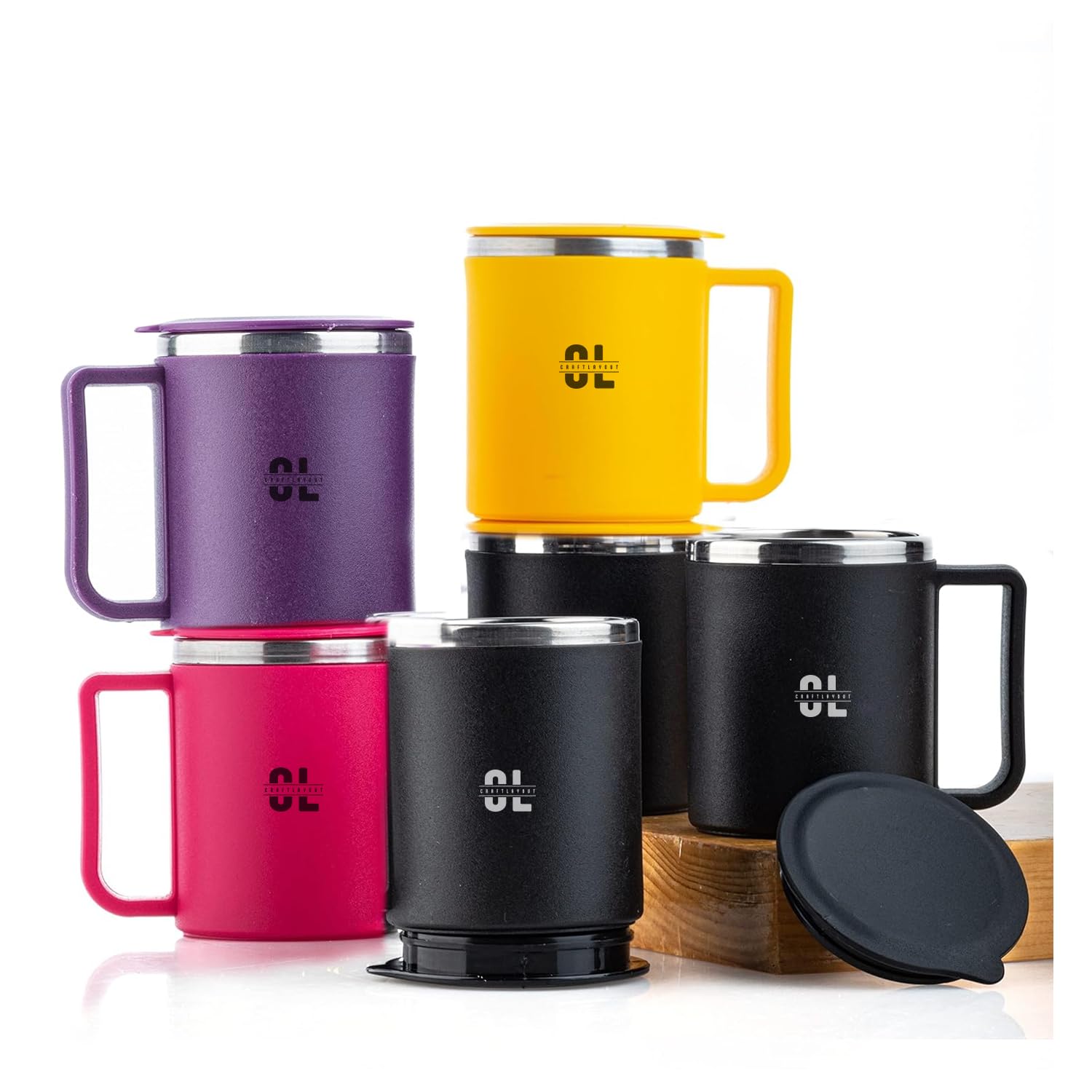 450 ML (Pack of 6) Insulated Coffee Mug with Lid | Stainless Steel Inner & Durable Plastic Outer Double Wall Travel Cup | Leakproof BPA Free Tea & Coffee Mug for Office, Home & Travel