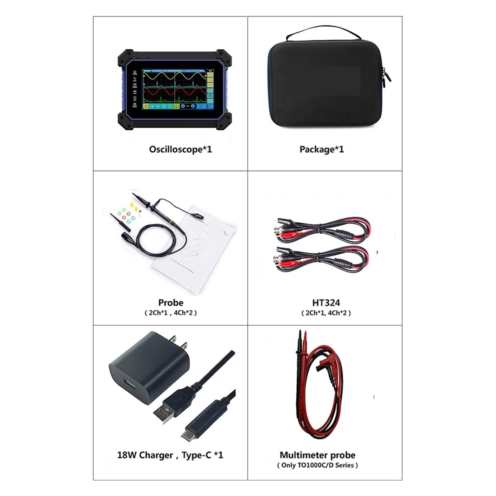 Osciloscopio, Osciloscopio Digital TO1112D con pantalla táctil, multímetro de fuente de señal de osciloscopio USB de 2 canales, 110MHz, TO1112 TO1112C(TO1112)