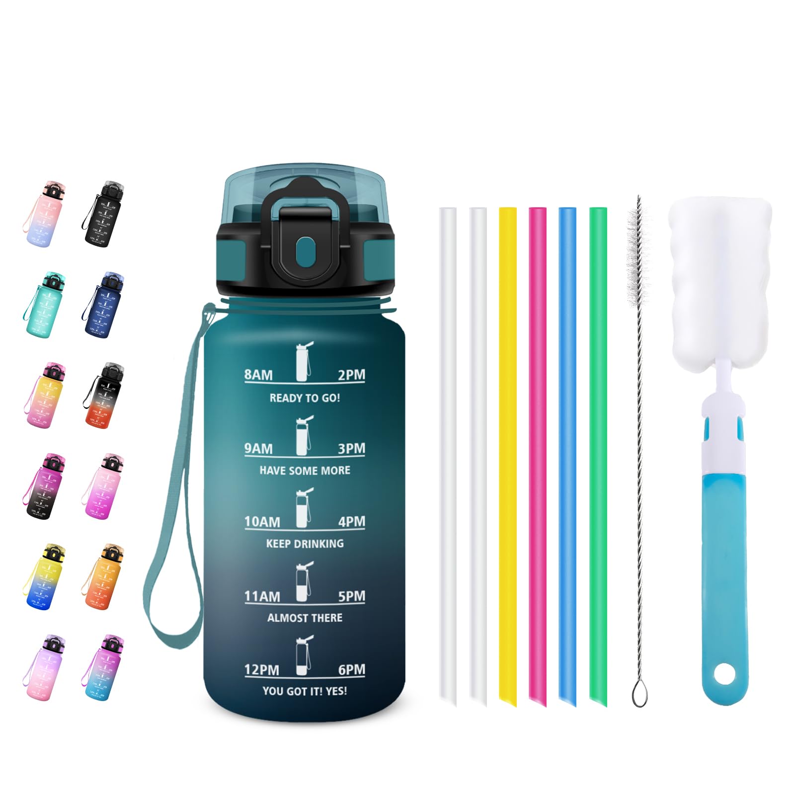 JAPORIA Water Bottle 500 ml, Sports Bottle with Straw, Water Bottle with Time Marking, Leak-Proof, Suitable for Carbonated Drinks, for Outdoor, Gym