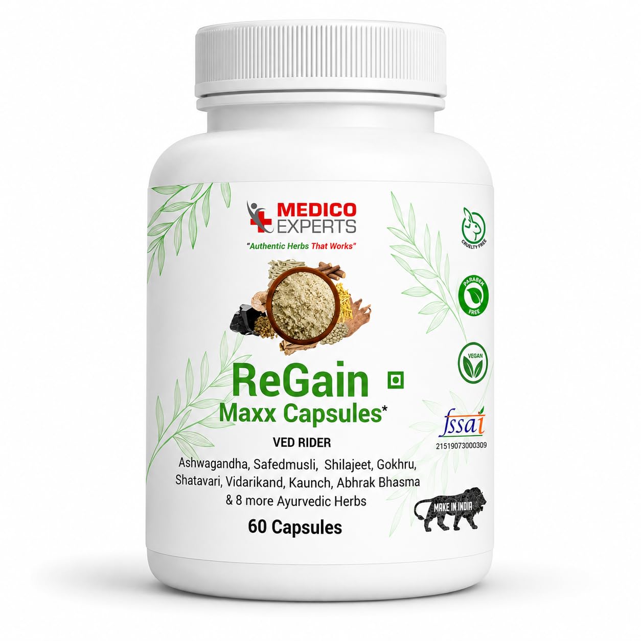 MedicoExperts ReGain Maxx Capsules - Shilajit Ashwagandha Safed Musli Gokshura - 16 Ayurvedic Herbs, FSSAI Licensed, Heavy Metal Tested, Supports Energy & Stamina - 60 Capsules (15 Days)