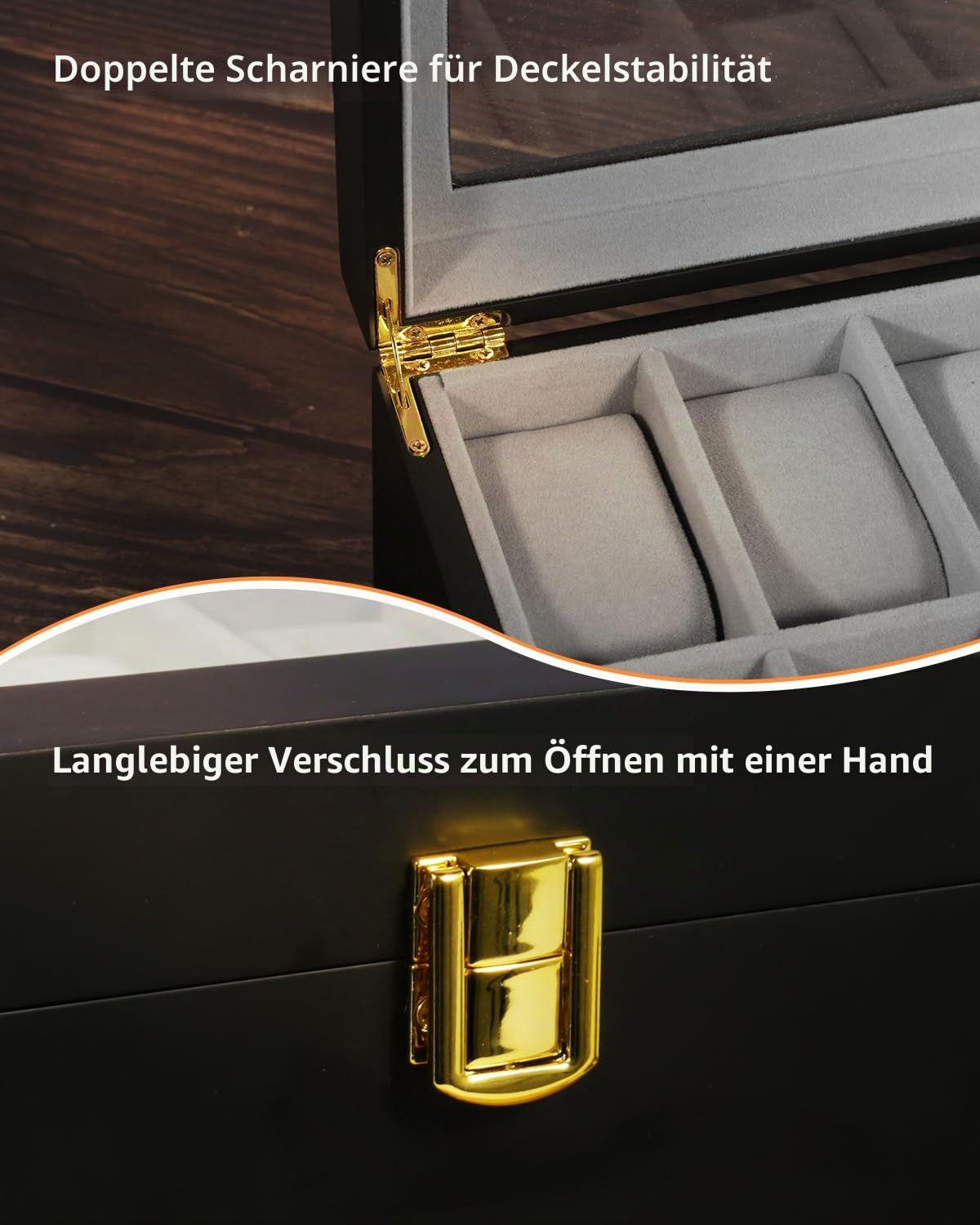 Uten Uhrenbox Holz mit 20 Fächern, Uhrenkasten Herren Damen schwarze Aufbewahrungsbox Holz