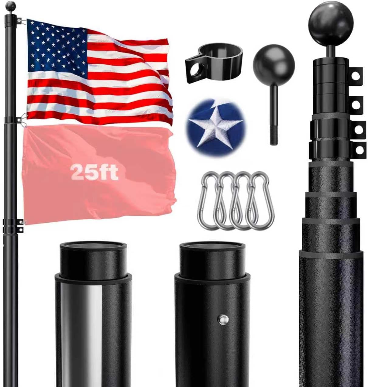 HAYOHRT 25FT Telescoping Flag Pole 12 Gauge Extra Thick Telescopic FlagPole with 3x5 American Flag for Outside House Yard Inground Residential Commercial Freedom Edition Residential Pole Hang 2 Flags