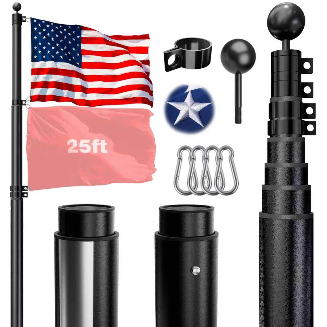 HAYOHRT 25FT Telescoping Flag Pole 12 Gauge Extra Thick Telescopic FlagPole with 3x5 American Flag for Outside House Yard Inground Residential Commercial Freedom Edition Residential Pole Hang 2 Flags