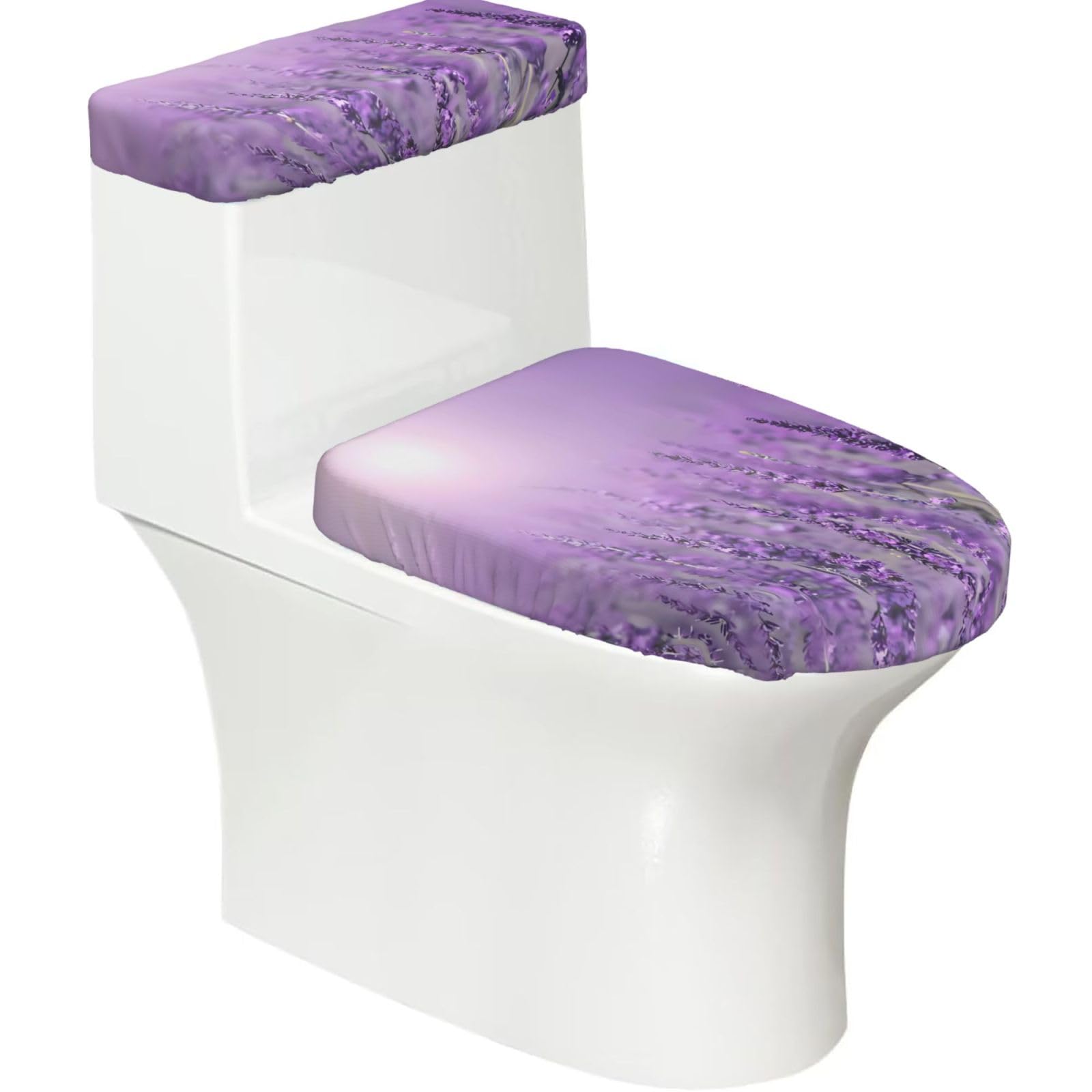 Romantic Purple Lavender 2-Piece Toilet Seat Cover Set with Tank Lid - Elastic for U-Shape & Elongated - Bathroom Decor
