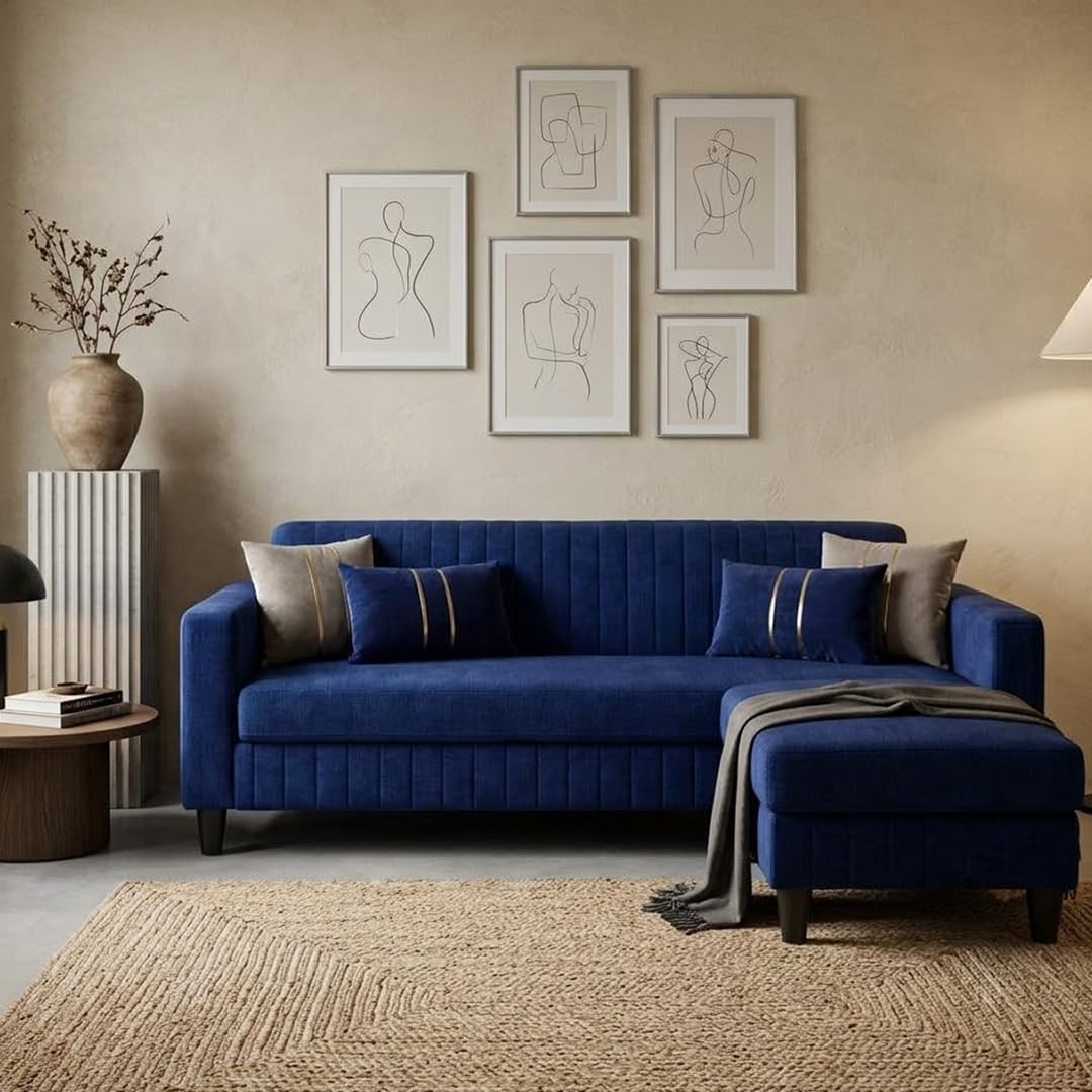 Avrel 3 Seater Velvet Fabric Sofa Set with 1 Ottoman (Dark Blue) | Soft Touch Fabric | Plush Cushions | Comfortable Living Room Seating | Stylish Living Room Sofa-image-39