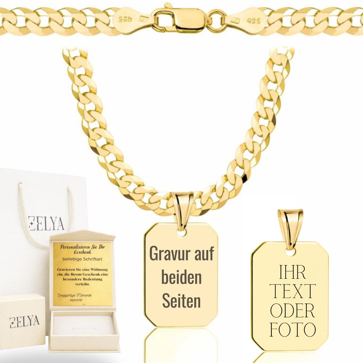 ZELYA Vergoldete 925/585 14K Panzerkette 2/3,8/5/ 5,6/6,5 mm mit Dog Tag Anhänger – Herren Halskette Gold kette– Erkennungsmarke personalisiert, Kette und box mit Gravur, hundemarke lange 45–70 cm